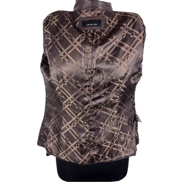 JONES NEW YORK 90S ZIP FRONT STITCHED TRIM TAILORED CLASSIC BROWN LEATHER JACKET - Picture 12 of 14